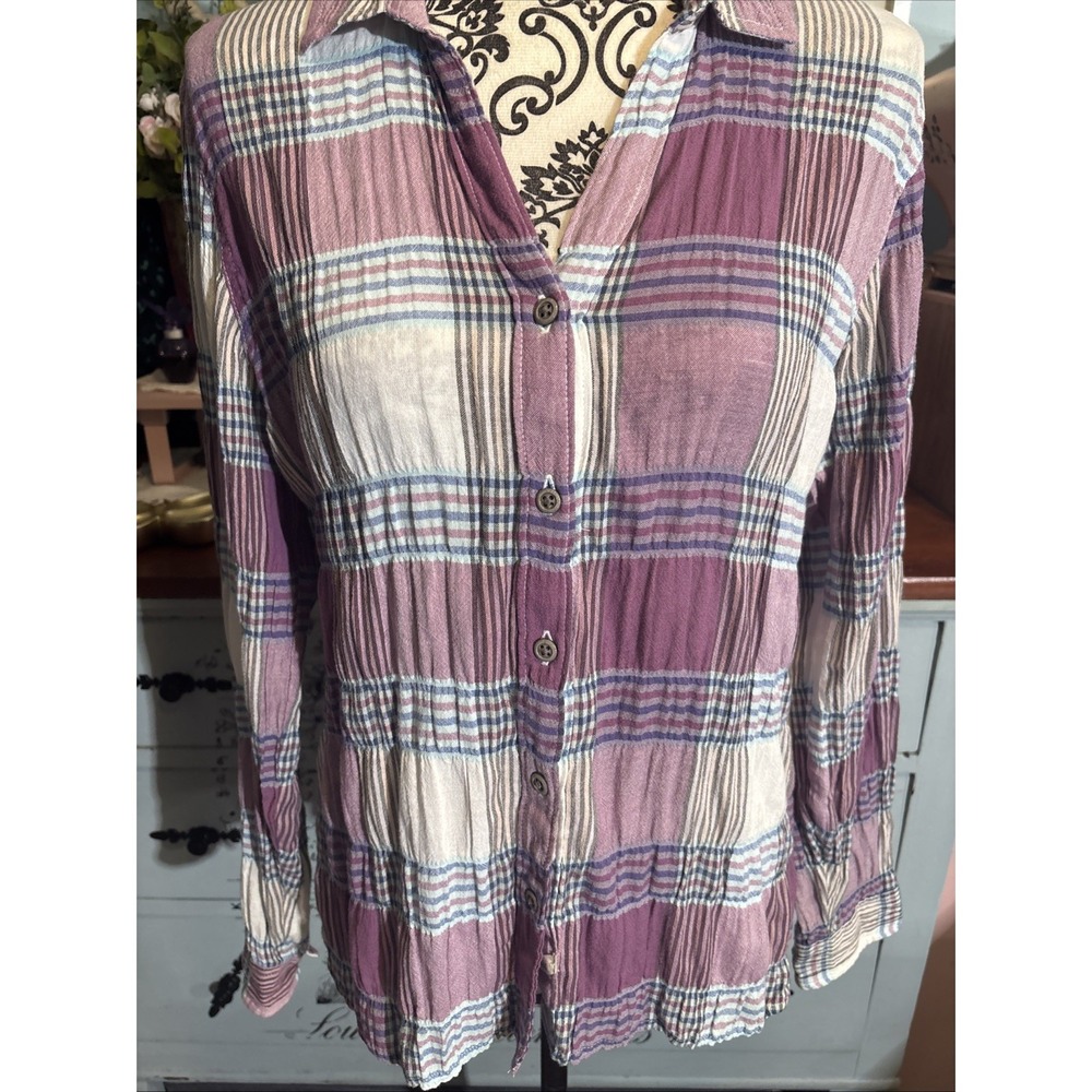 Woolrich Lightweight Purple Plaid Roll Sleeve Buttonβ Up Blouse Sz Medium. Gauzy